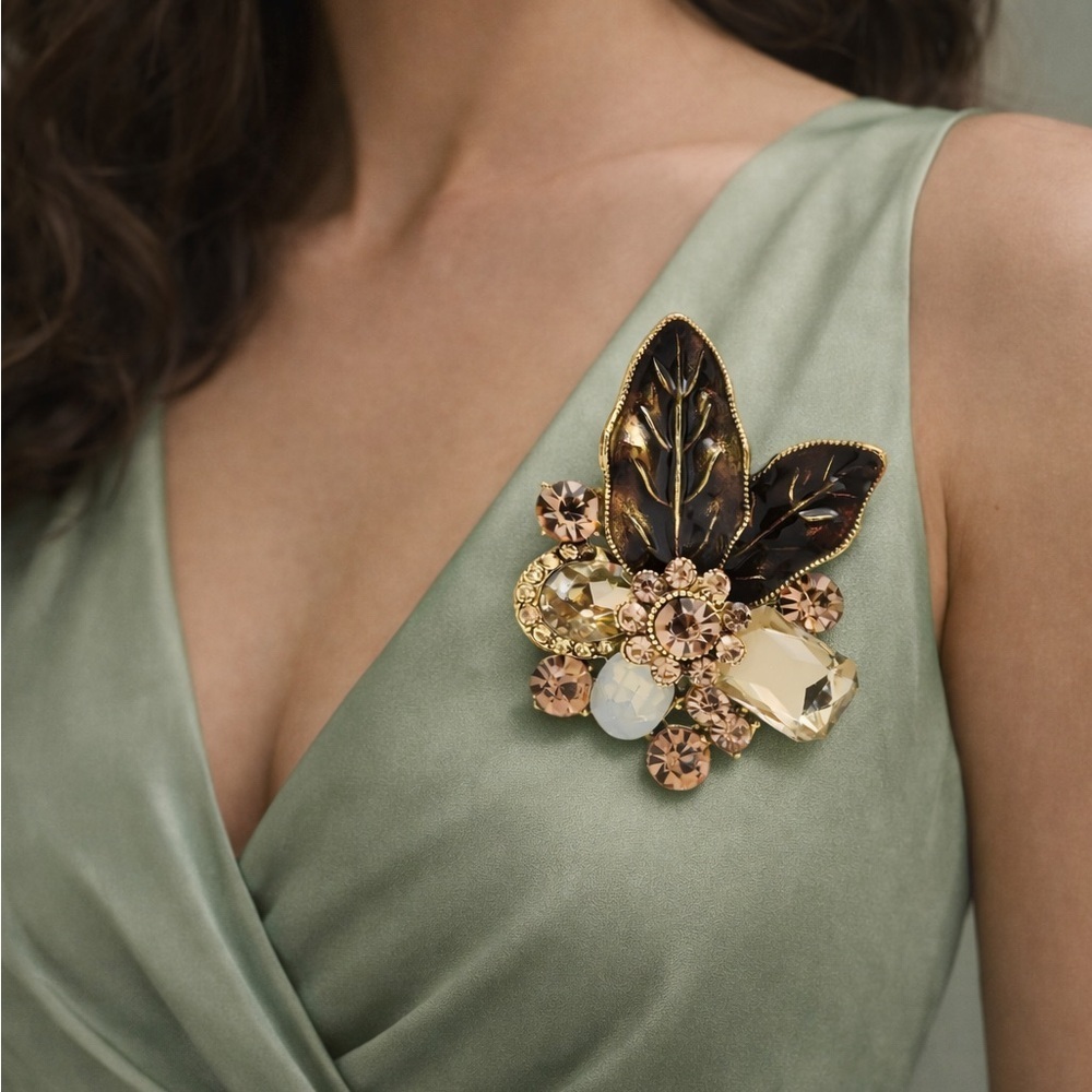 Avangarde Amber Brown Floral Crystal Brooch